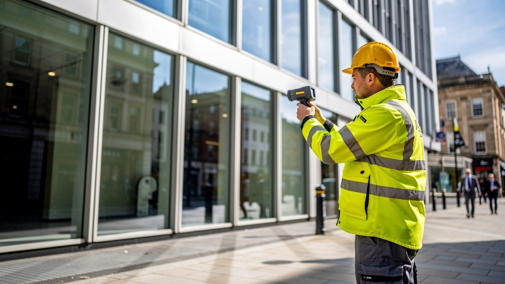 Commercial property surveyor inspecting a Bristol office building