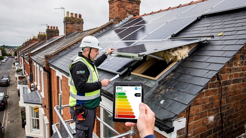Energy assessor checking loft insulation on a Bristol Victorian terraced house