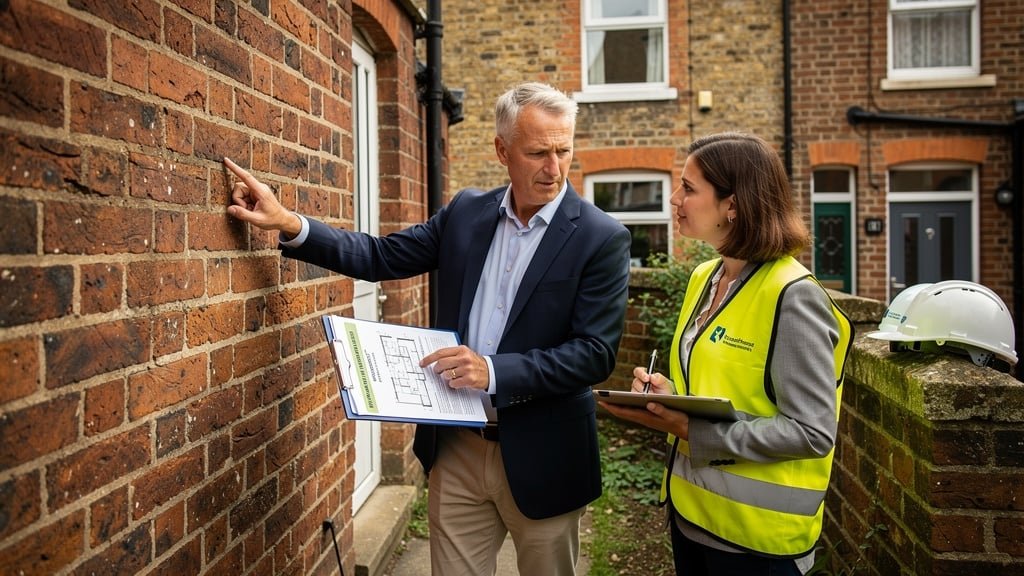 Two surveyors discussing party wall agreement at a Bristol terraced house boundary