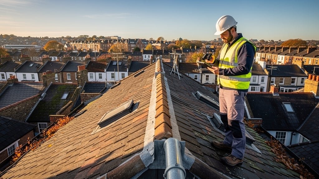 Professional surveyor inspecting roof tiles on a Bristol property