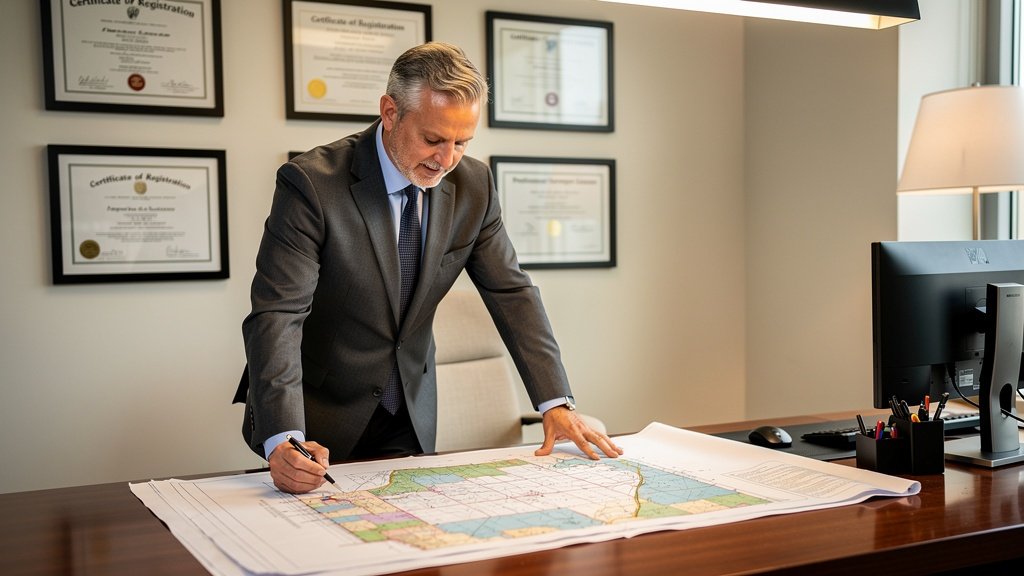 Senior partner of Bristol Surveyors reviewing architectural drawings in a professional office